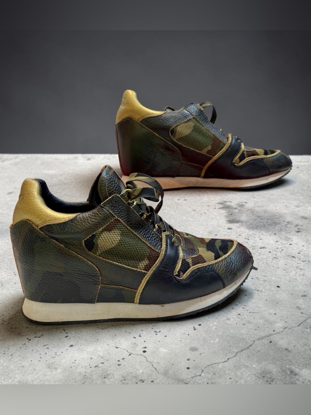 Ash Camo 3” Wedge Sneakers Leather Upper Hidden Platform High Top Shoes Size 39